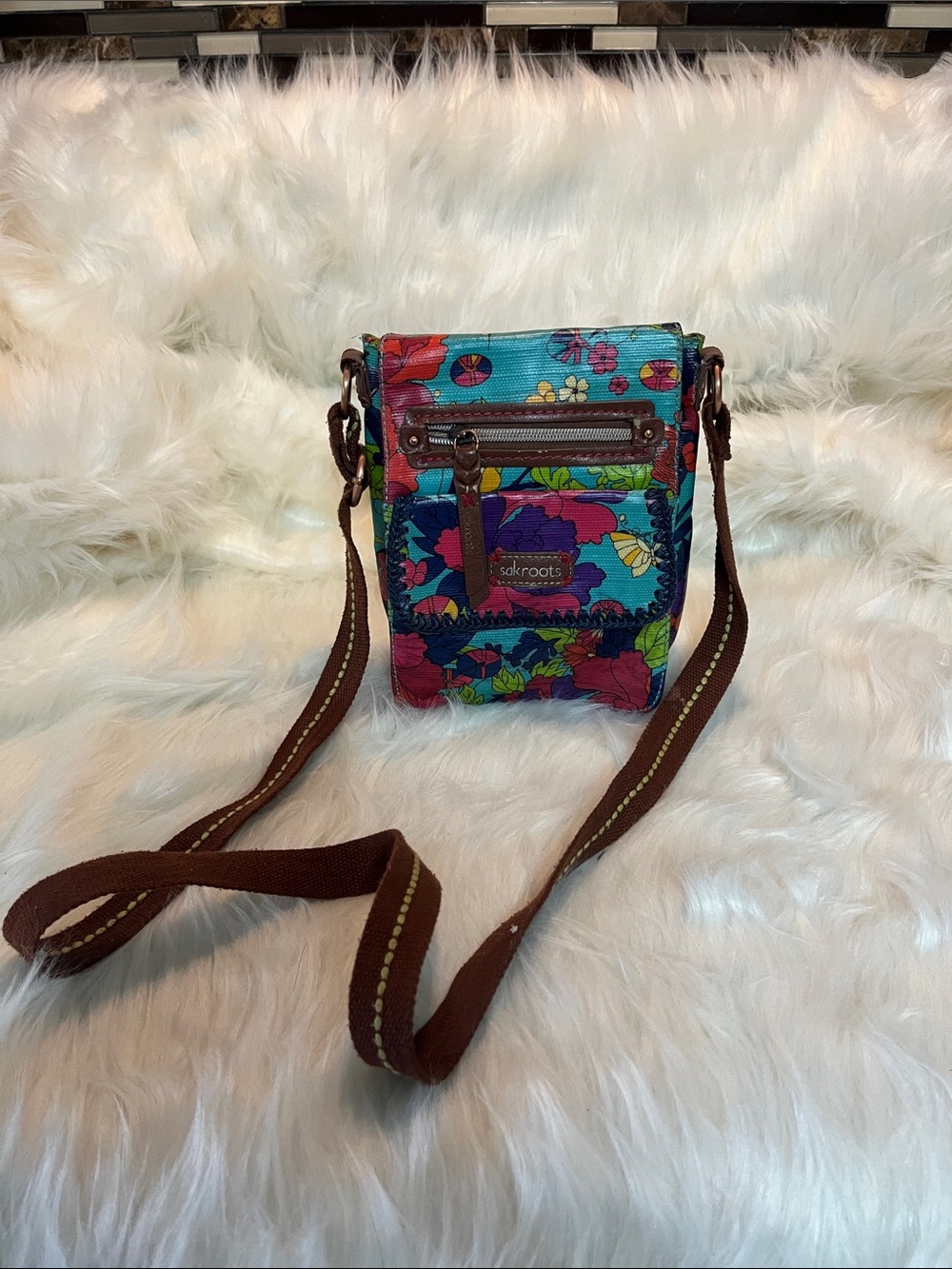 Sakroots Teal Floral Print Crossbody with Brown Strap